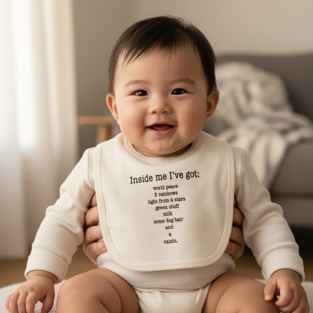Asian baby wearing Inside Me Poem bib over plain romper