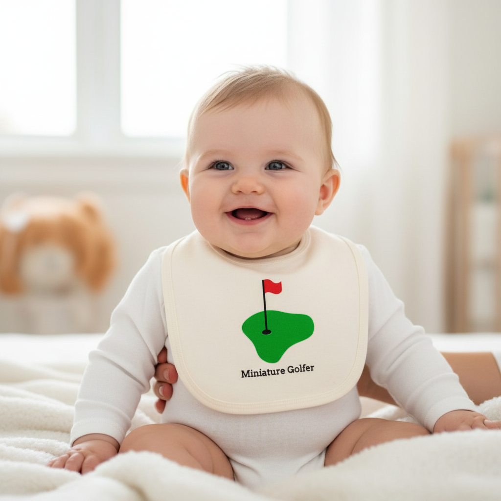 Baby wearing Mini Golfer bib over plain romper