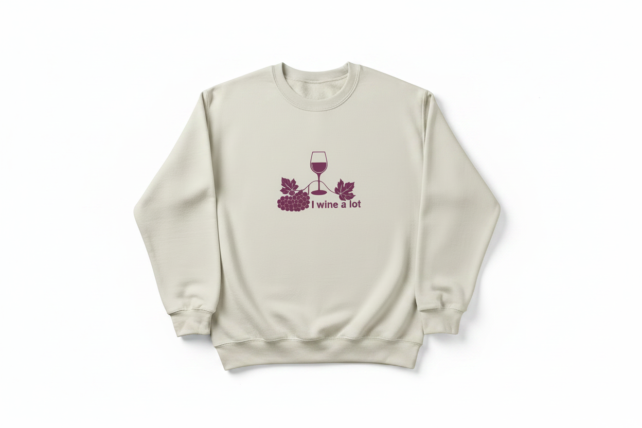I Wine A Lot Sweatshirt Flat Lay White Background