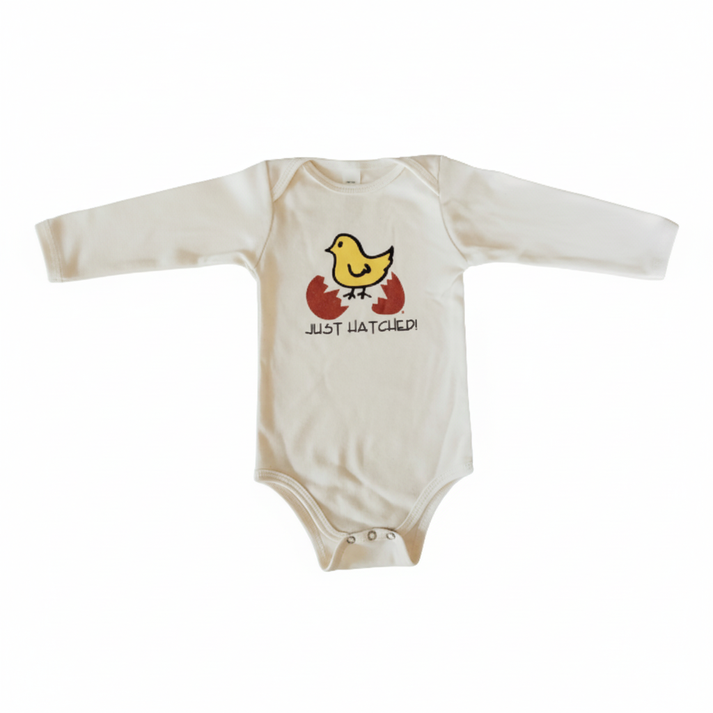 Just Hatched Long Sleeve Romper Flat Lay White Background