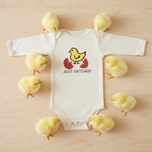 Just Hatched Romper Flat Lay with Baby Chicks
