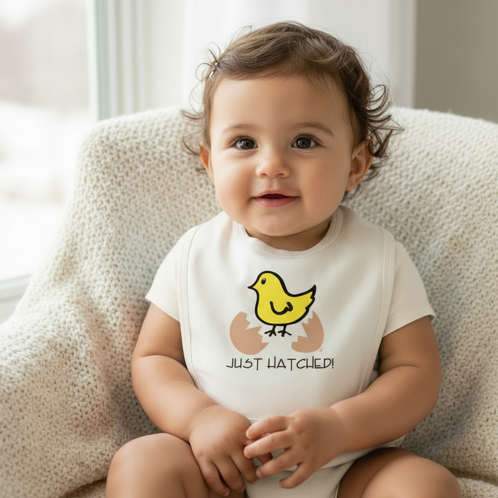 Latin baby girl wearing Just Hatched bib with off-white onesie