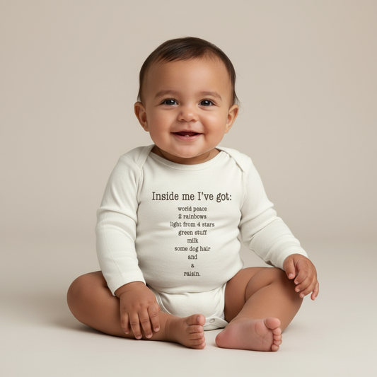 Latin baby wearing Inside Me poem long sleeve romper