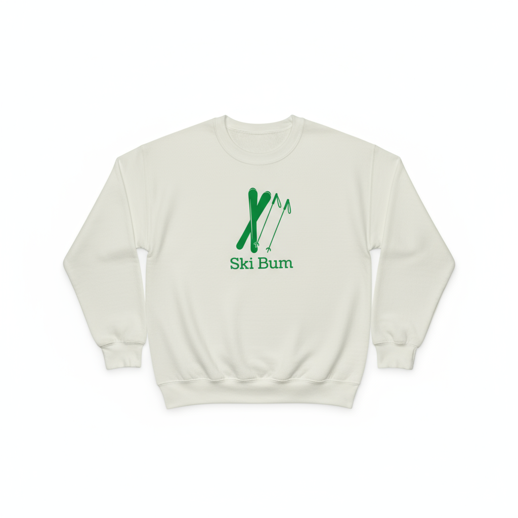 Ski bum sweatshirt flat lay on white background