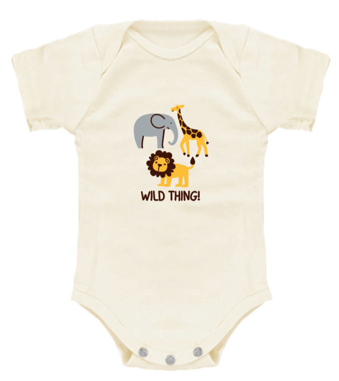 Elephant, giraffe, lion wild thing organic short-sleeve romper