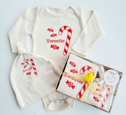 Organic Cotton Baby Gift Set - romper & hat - candy cane LONG SLEEVE - Simply Chickie