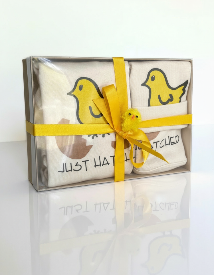 Just Hatched organic cotton baby romper and hat gift set – Simply Chickie GOTS-certified, made in USA