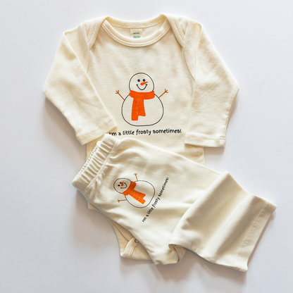 Baby outfit with snowman design on a white background