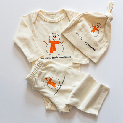 Baby outfit set with snowman design on a white background