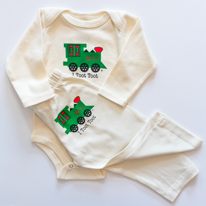 Pre-order I Toot Toot Train Long Sleeve Romper and Pant Set (November delivery)
