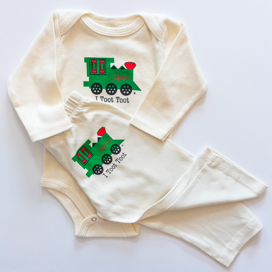 Pre-order I Toot Toot Train Long Sleeve Romper and Pant Set (November delivery)