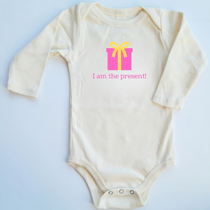 Pink I Am The Present Long Sleeve Baby Romper