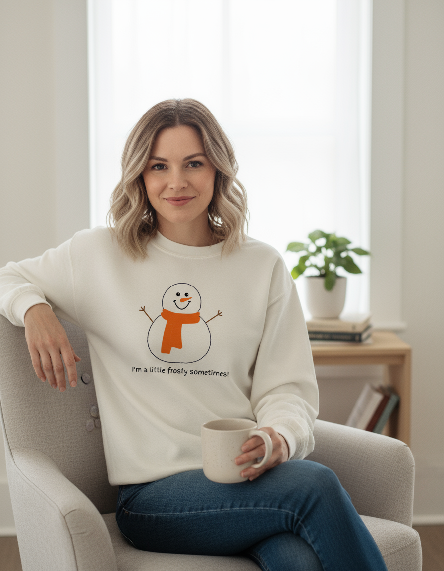 Adult wearing snowman sweatshirt
