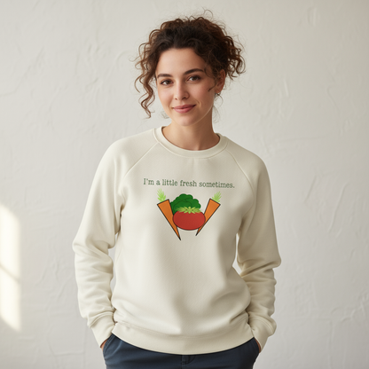 Adult wearing veggie graphic sweatshirt