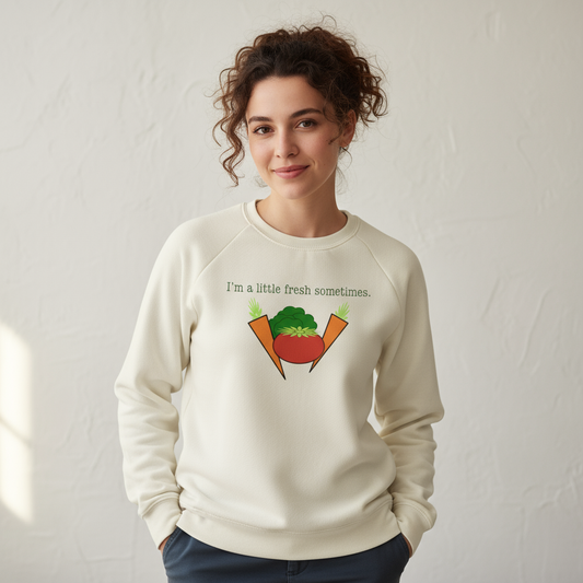 Adult wearing veggie graphic sweatshirt