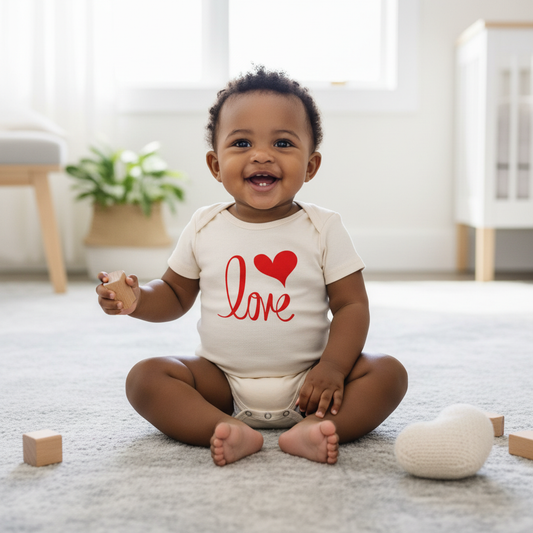 African American baby wearing love romper