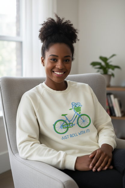 African American woman wearing just roll with it sweatshirt