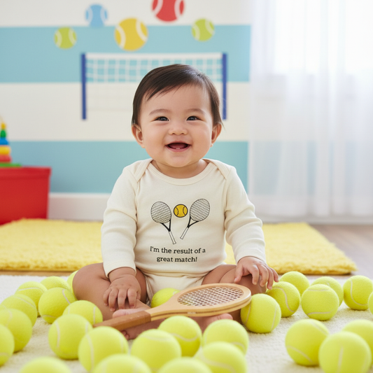 Asian Baby Sitting Up in Tennis Romper with Tennis Balls and Racket