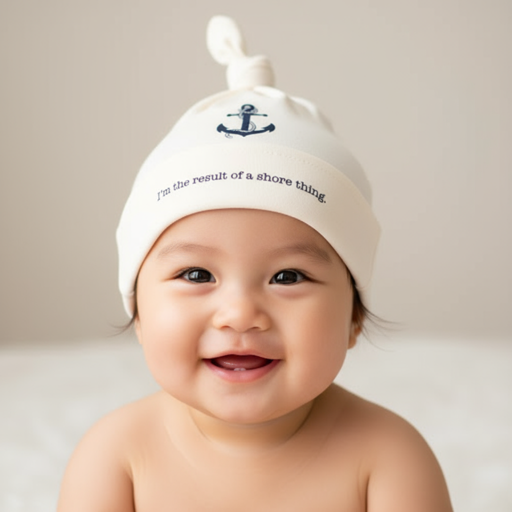 Asian baby wearing Shore Thing anchor hat