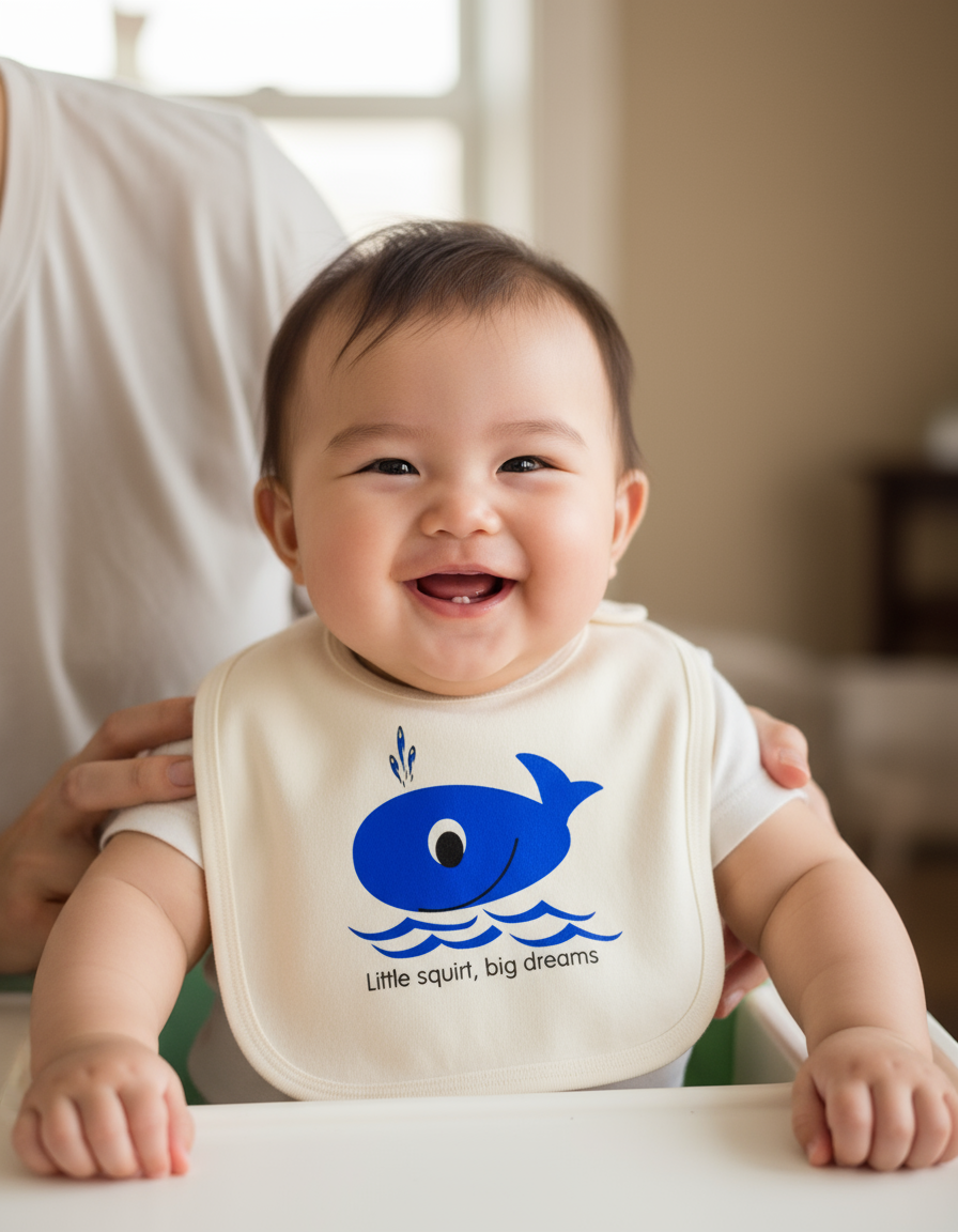 Asian baby wearing whale bib