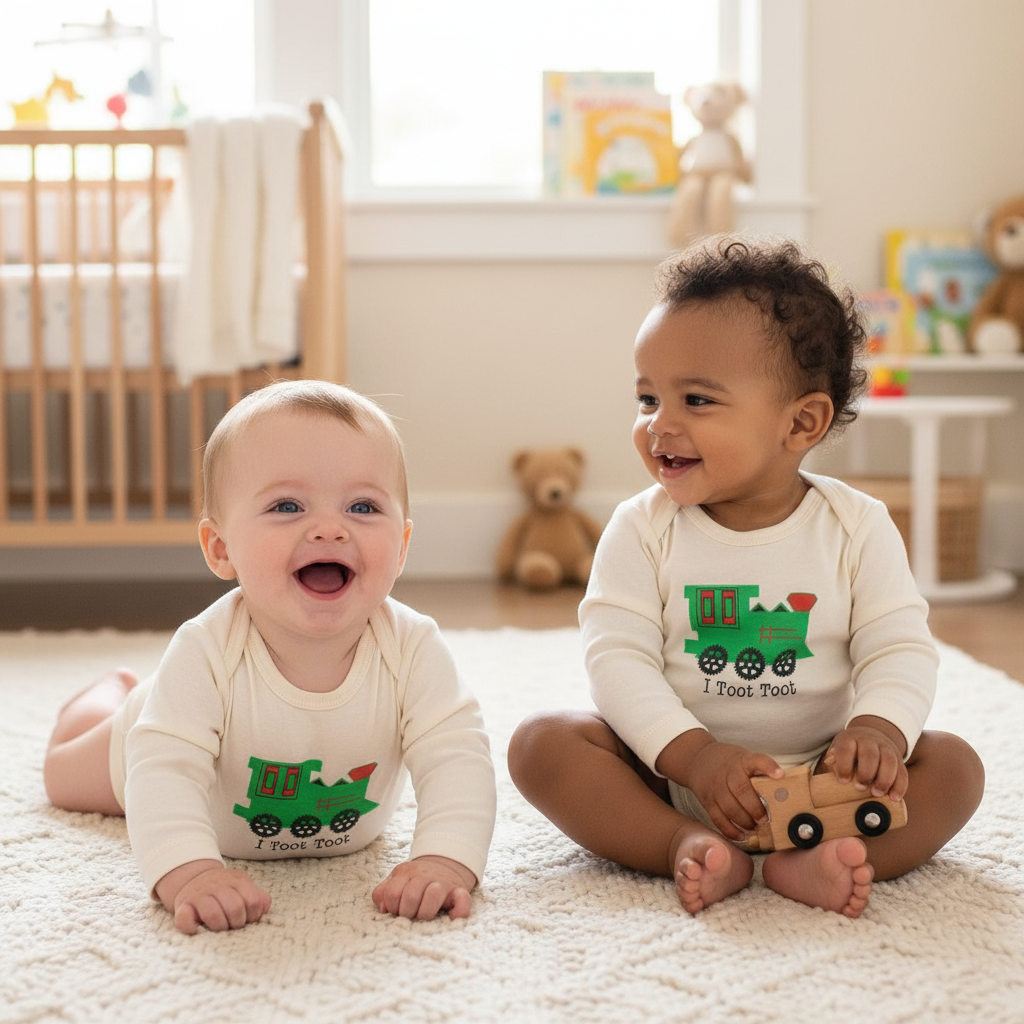 Babies wearing I Toot Toot Train long sleeve rompers lifestyle shot