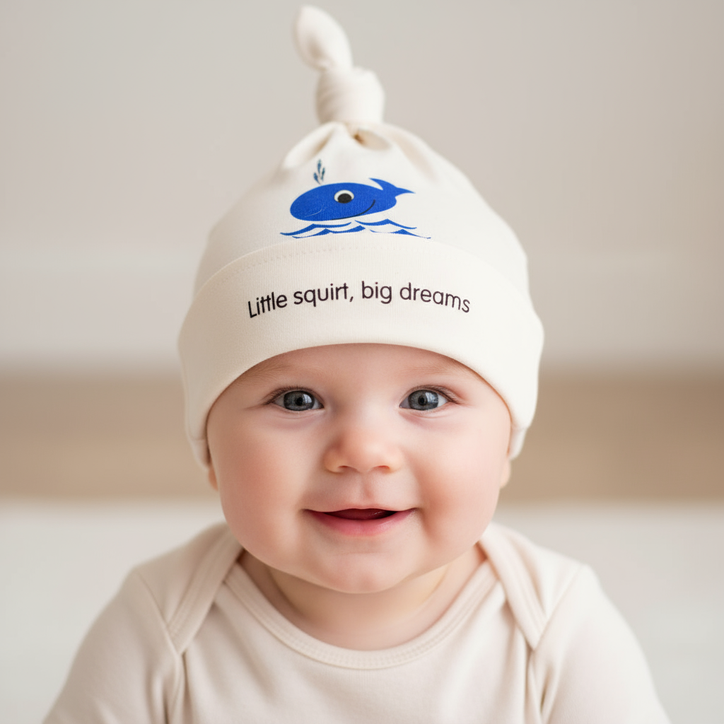 Baby wearing Big Dreams whale hat
