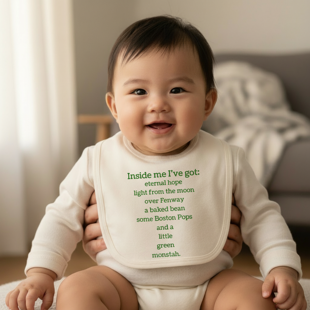 Baby wearing Boston Poem bib with full text