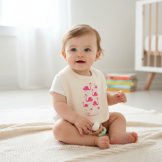 Baby wearing flamingo bib