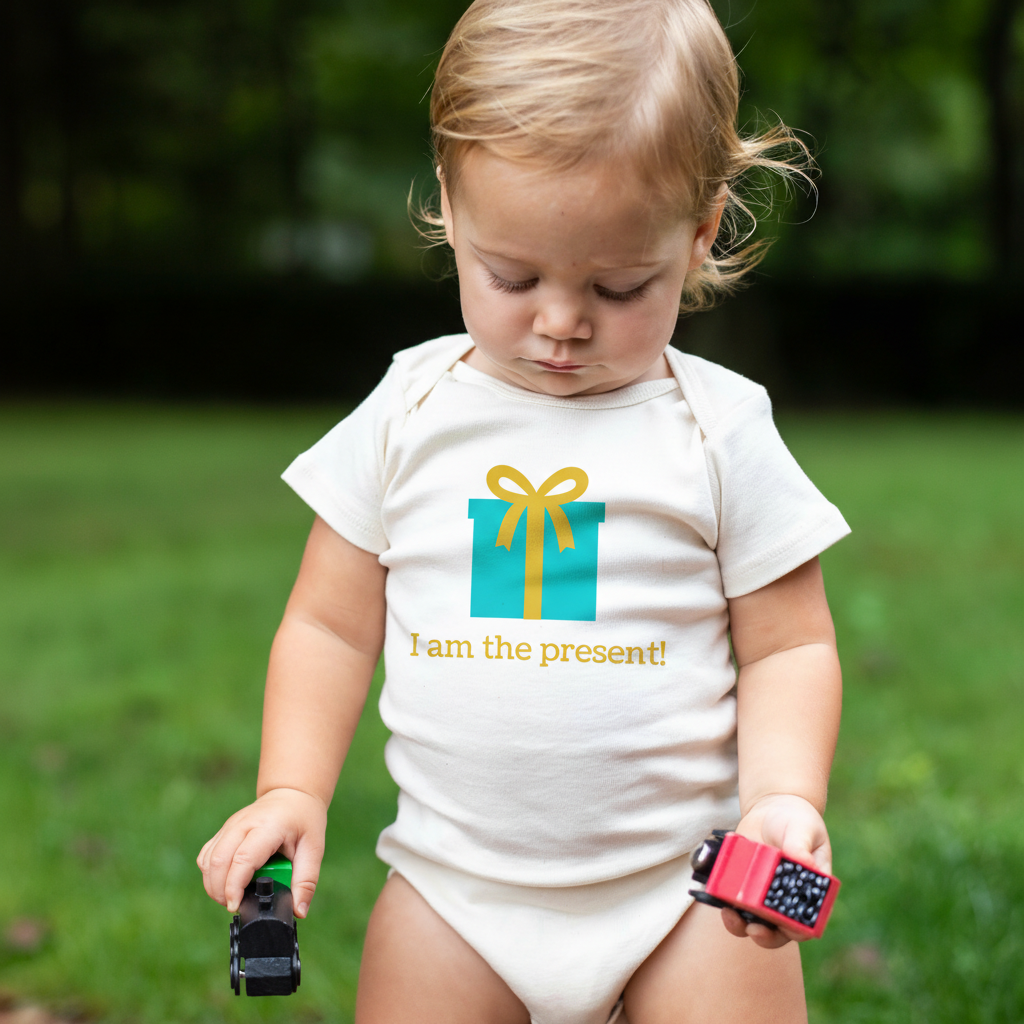 Baby wearing I am the present short sleeve romper