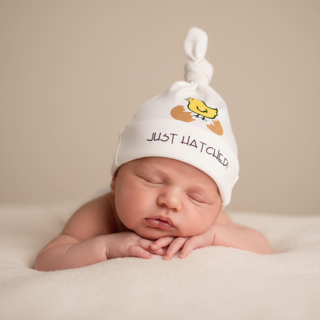 Baby wearing Just Hatched hat