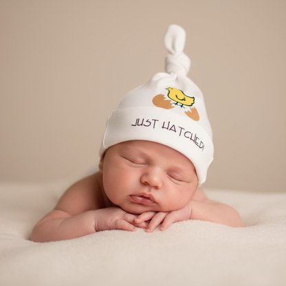 Baby wearing Just Hatched hat