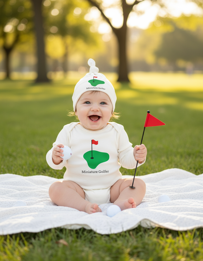 Baby wearing Mini Golfer long sleeve romper and hat
