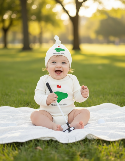 Baby wearing Mini Golfer long sleeve romper and hat