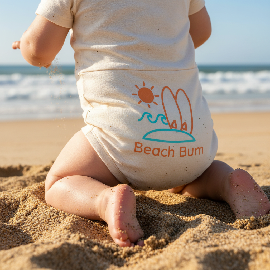 Beach Bum Romper - Baby Kneeling in Sand