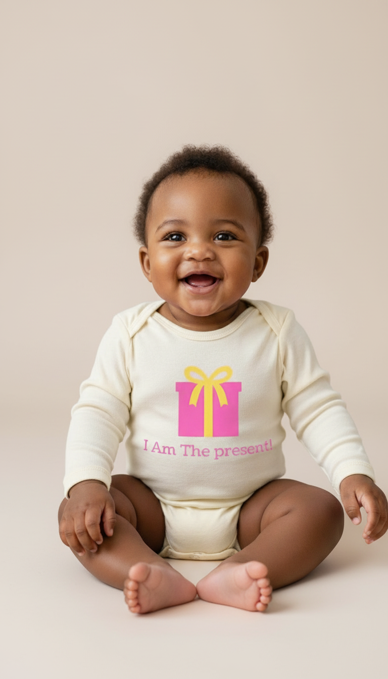 Black baby sitting in Pink I Am The Present long sleeve romper