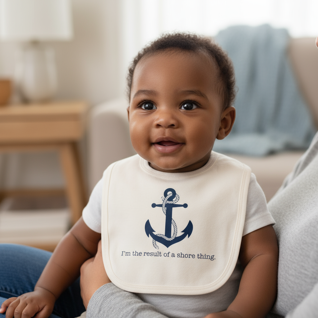 Black baby wearing Shore Thing anchor bib