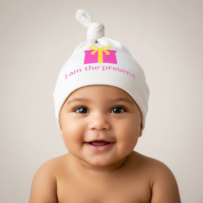 Close-up of Latin baby girl wearing Pink I Am The Present hat