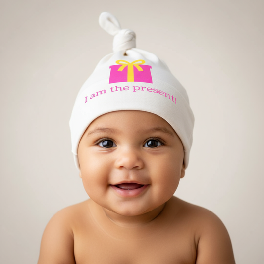 Close-up of Latin baby girl wearing Pink I Am The Present hat