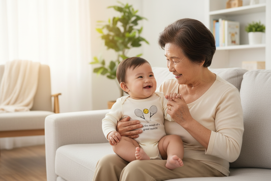 Grandmother with baby in tennis romper