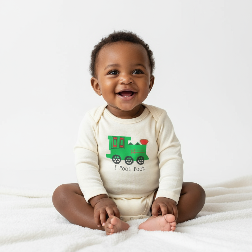 I Toot Toot Train Long Sleeve Romper - African American Baby Neutral Background