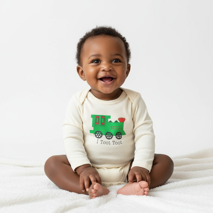 I Toot Toot Train Long Sleeve Romper - African American Baby Neutral Background
