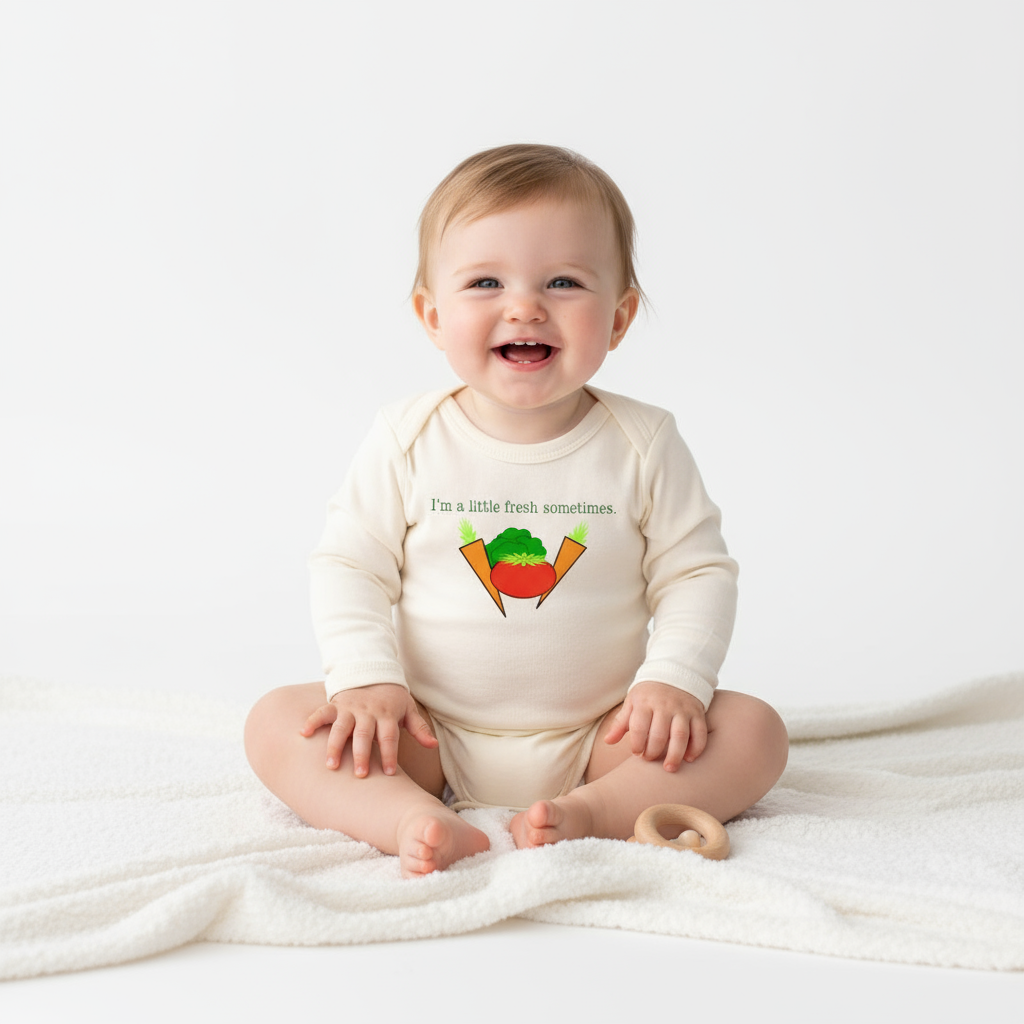 I'm A Little Fresh Veggie Long Sleeve Romper - White Baby Girl Neutral Background