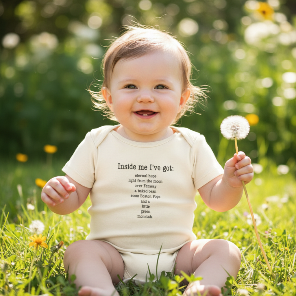 Baby wearing Boston Inside Me Poem black print short sleeve romper