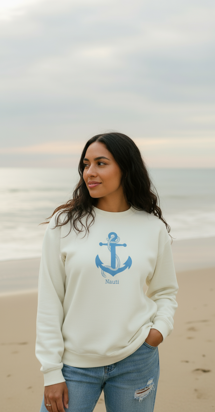 Latina woman wearing nauti sweatshirt at the beach