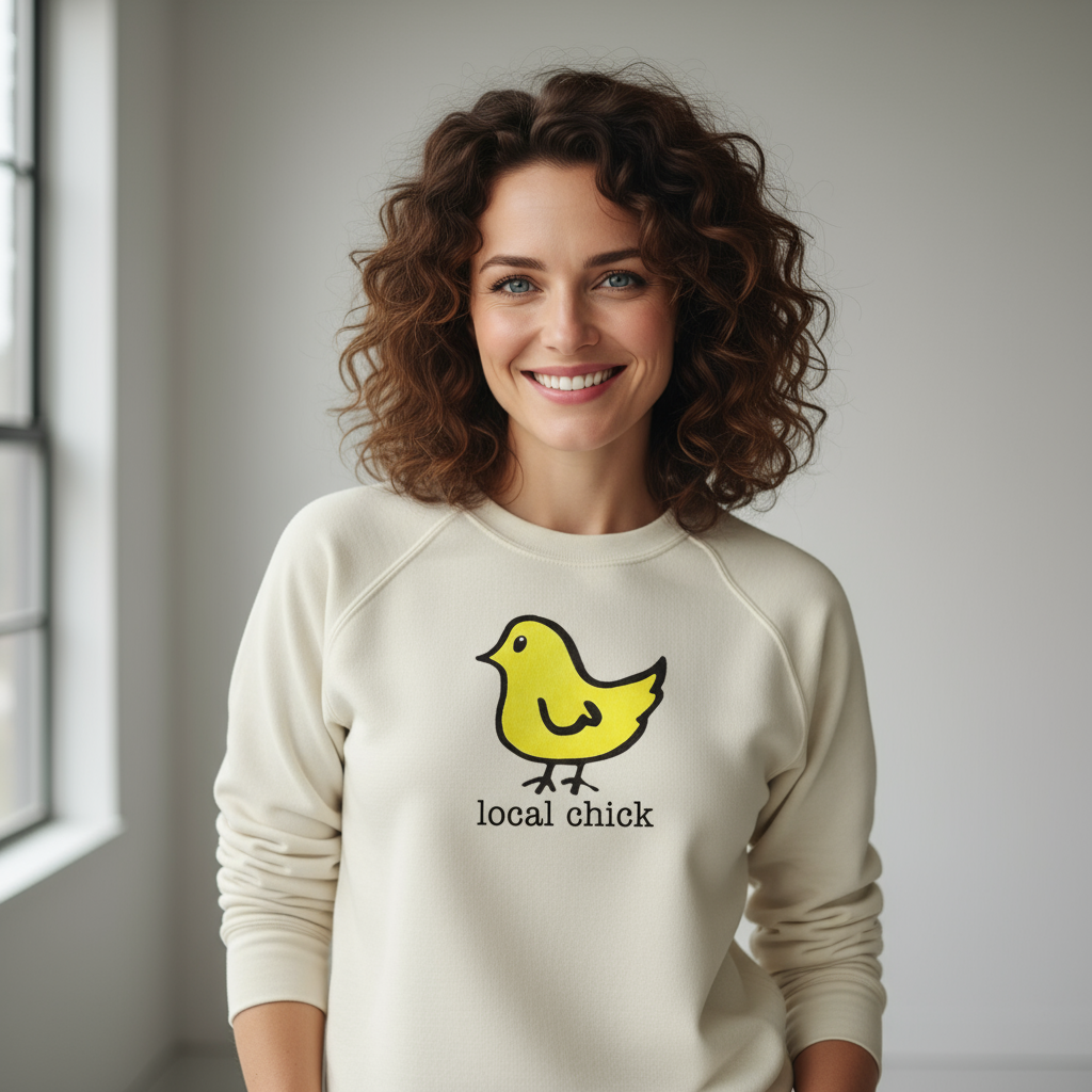 Local chick sweatshirt with neutral background