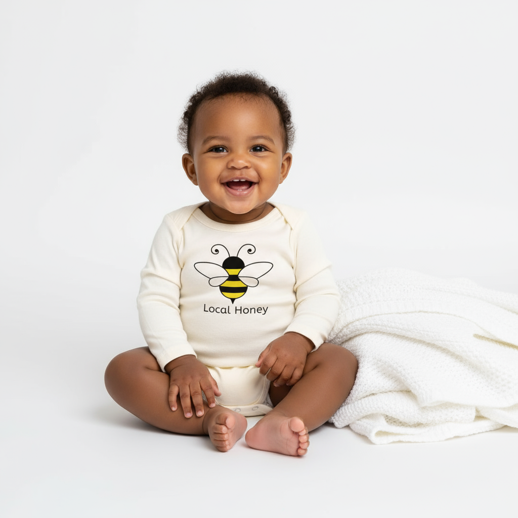 Local Honey Bumble Bee Long Sleeve Romper - African American Baby Girl Neutral Background