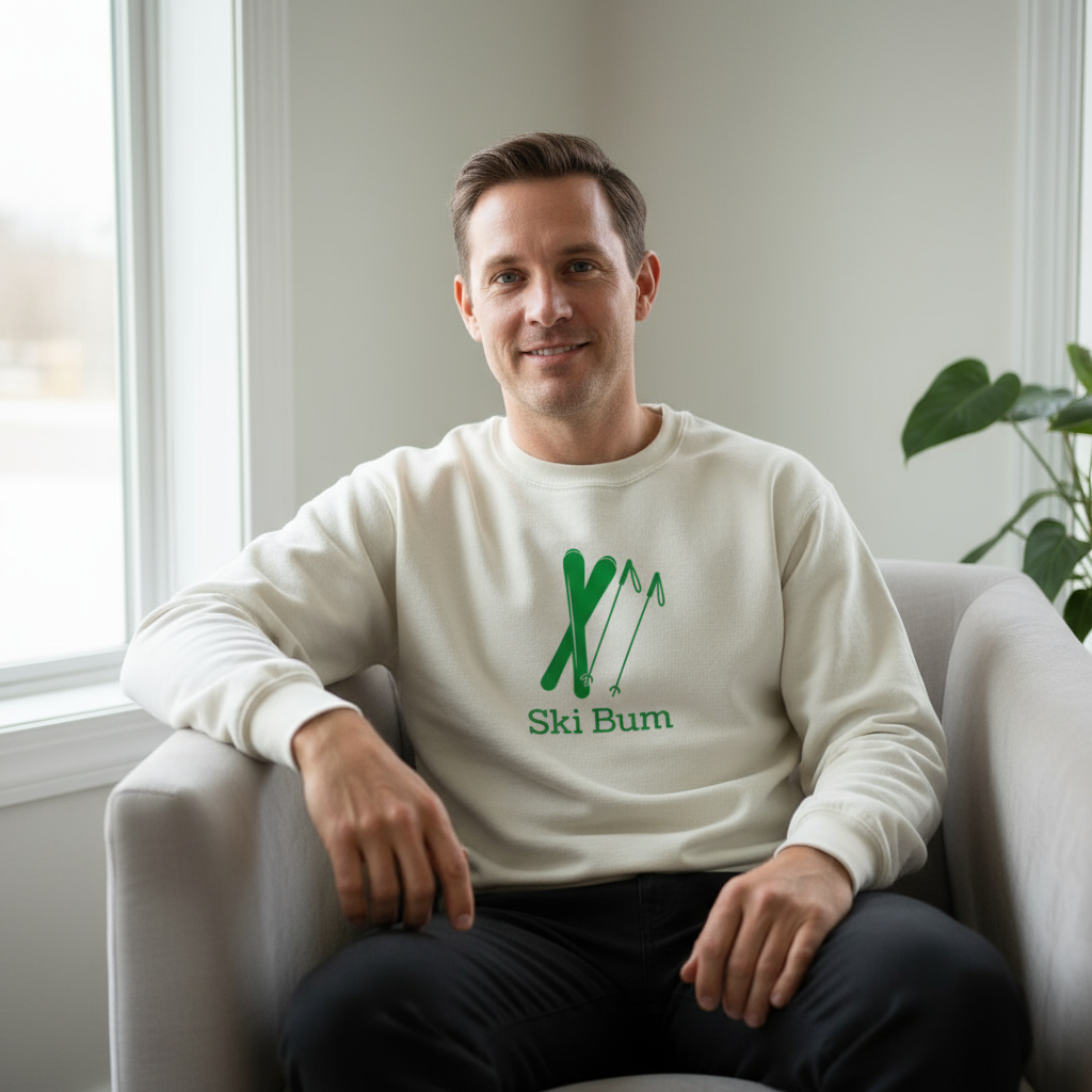 Man wearing ski bum sweatshirt