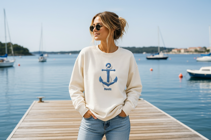 Nauti sweatshirt on a dock