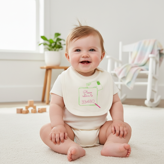 Palm Beach Baby Bib on Baby in Off-White Romper