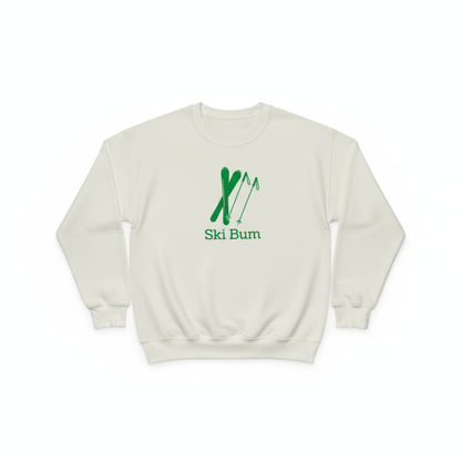Ski bum sweatshirt flat lay on white background